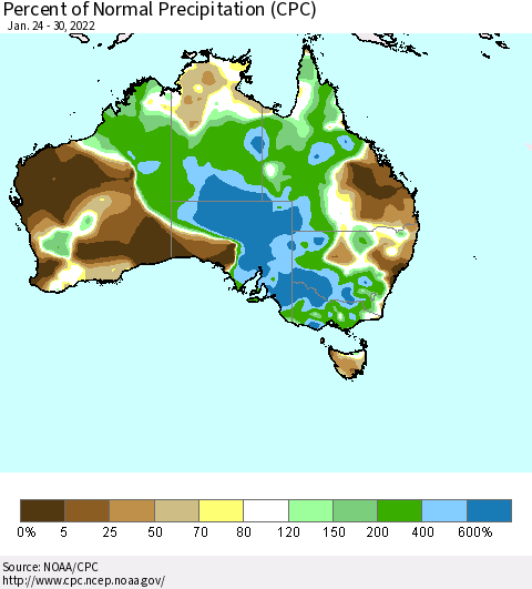 Australia Percent of Normal Precipitation (CPC) Thematic Map For 1/24/2022 - 1/30/2022