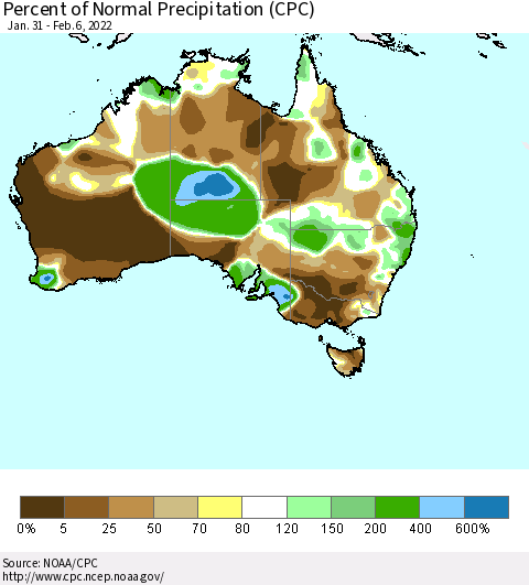 Australia Percent of Normal Precipitation (CPC) Thematic Map For 1/31/2022 - 2/6/2022