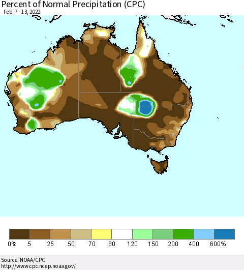 Australia Percent of Normal Precipitation (CPC) Thematic Map For 2/7/2022 - 2/13/2022