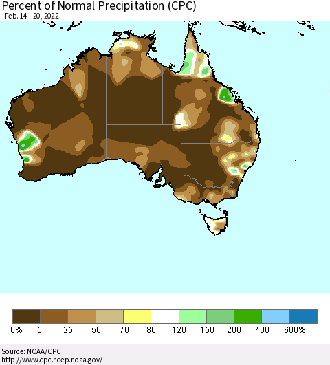Australia Percent of Normal Precipitation (CPC) Thematic Map For 2/14/2022 - 2/20/2022
