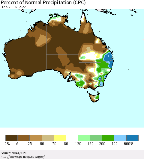 Australia Percent of Normal Precipitation (CPC) Thematic Map For 2/21/2022 - 2/27/2022