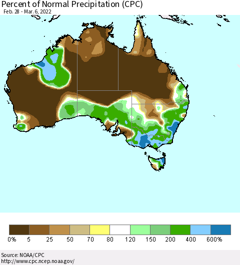 Australia Percent of Normal Precipitation (CPC) Thematic Map For 2/28/2022 - 3/6/2022