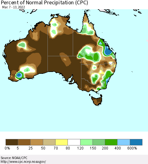 Australia Percent of Normal Precipitation (CPC) Thematic Map For 3/7/2022 - 3/13/2022