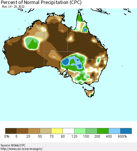 Australia Percent of Normal Precipitation (CPC) Thematic Map For 3/14/2022 - 3/20/2022