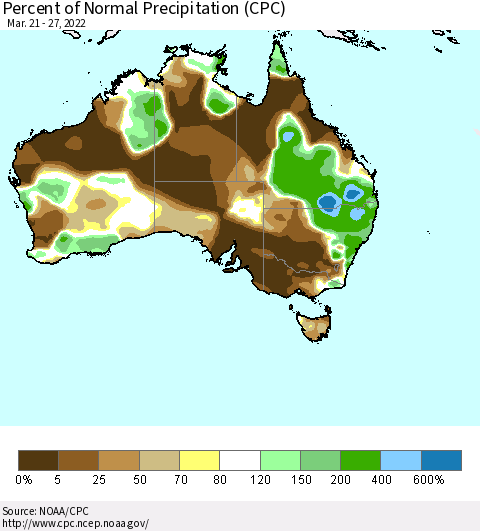 Australia Percent of Normal Precipitation (CPC) Thematic Map For 3/21/2022 - 3/27/2022
