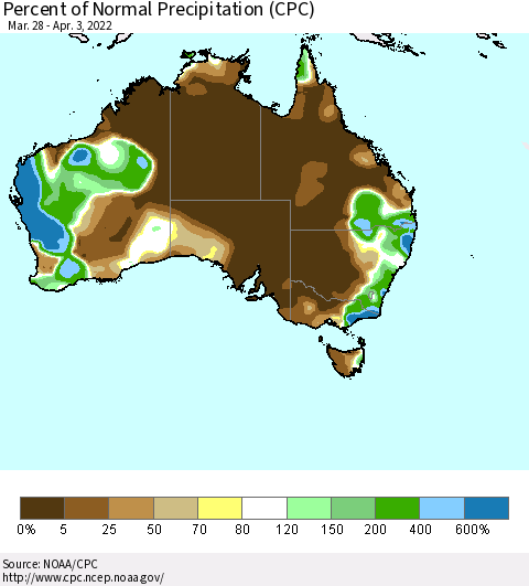 Australia Percent of Normal Precipitation (CPC) Thematic Map For 3/28/2022 - 4/3/2022