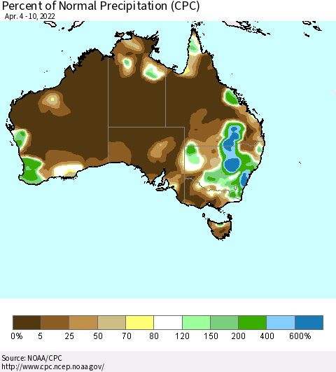 Australia Percent of Normal Precipitation (CPC) Thematic Map For 4/4/2022 - 4/10/2022