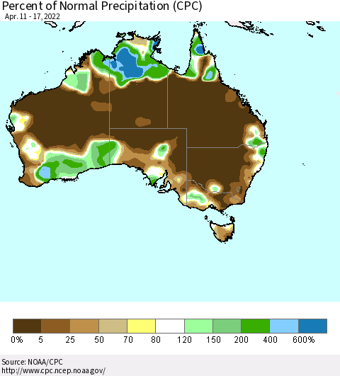 Australia Percent of Normal Precipitation (CPC) Thematic Map For 4/11/2022 - 4/17/2022