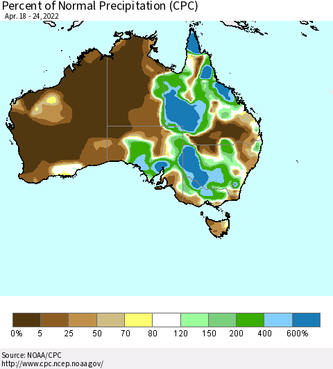 Australia Percent of Normal Precipitation (CPC) Thematic Map For 4/18/2022 - 4/24/2022