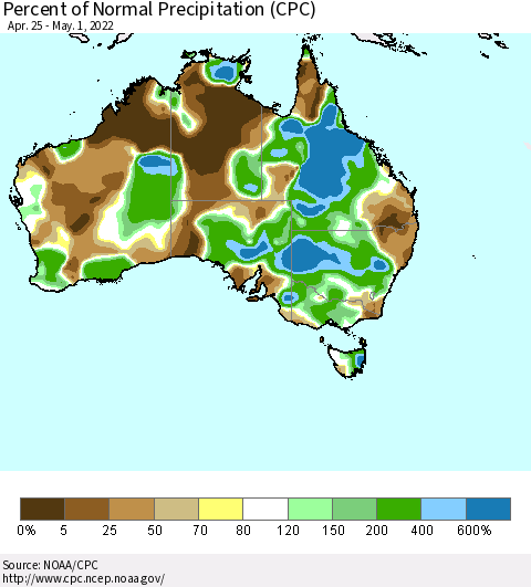 Australia Percent of Normal Precipitation (CPC) Thematic Map For 4/25/2022 - 5/1/2022