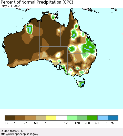 Australia Percent of Normal Precipitation (CPC) Thematic Map For 5/2/2022 - 5/8/2022
