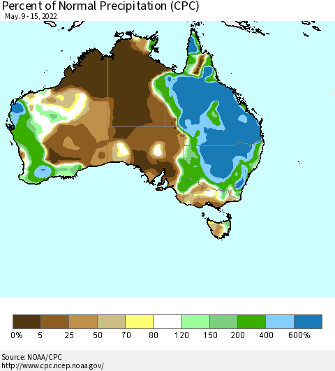 Australia Percent of Normal Precipitation (CPC) Thematic Map For 5/9/2022 - 5/15/2022