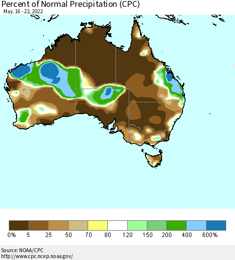 Australia Percent of Normal Precipitation (CPC) Thematic Map For 5/16/2022 - 5/22/2022
