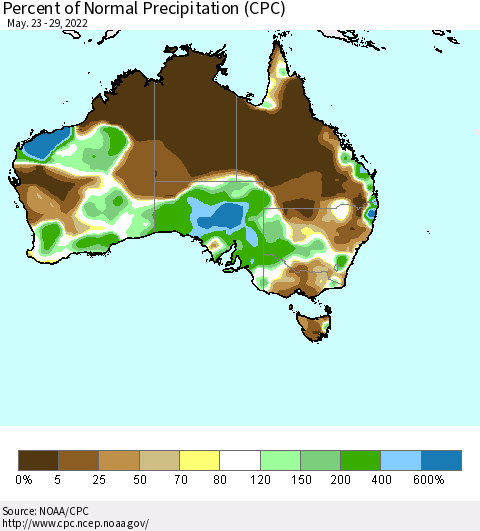 Australia Percent of Normal Precipitation (CPC) Thematic Map For 5/23/2022 - 5/29/2022