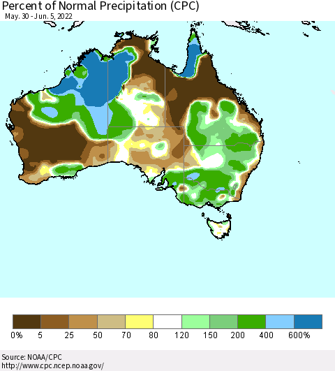 Australia Percent of Normal Precipitation (CPC) Thematic Map For 5/30/2022 - 6/5/2022