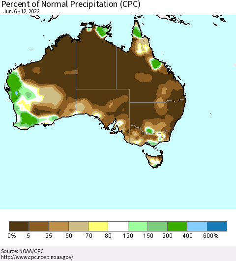 Australia Percent of Normal Precipitation (CPC) Thematic Map For 6/6/2022 - 6/12/2022