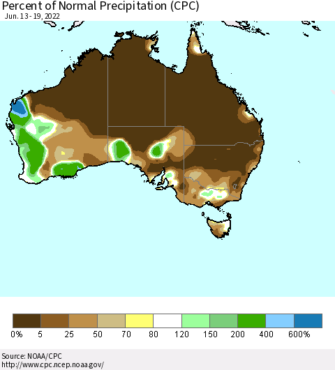 Australia Percent of Normal Precipitation (CPC) Thematic Map For 6/13/2022 - 6/19/2022