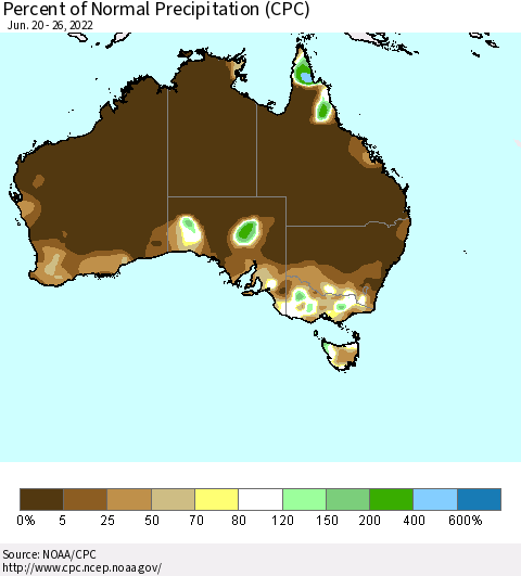Australia Percent of Normal Precipitation (CPC) Thematic Map For 6/20/2022 - 6/26/2022