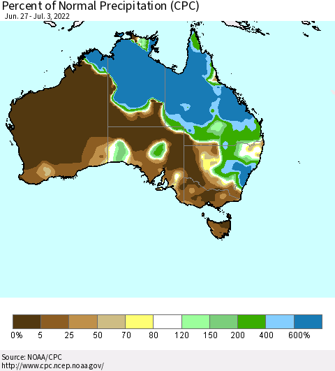 Australia Percent of Normal Precipitation (CPC) Thematic Map For 6/27/2022 - 7/3/2022