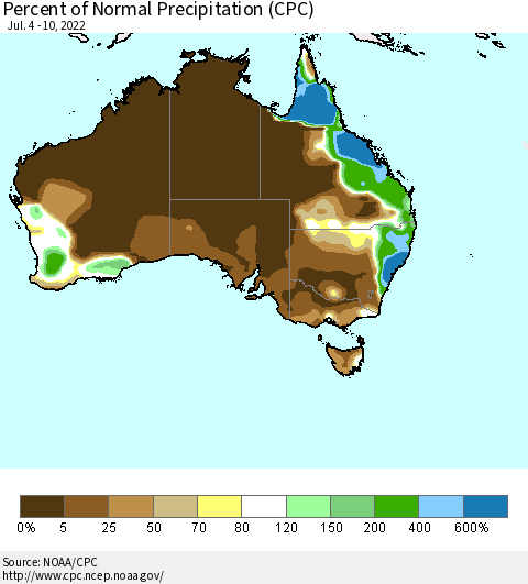 Australia Percent of Normal Precipitation (CPC) Thematic Map For 7/4/2022 - 7/10/2022