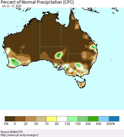 Australia Percent of Normal Precipitation (CPC) Thematic Map For 7/11/2022 - 7/17/2022