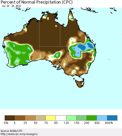 Australia Percent of Normal Precipitation (CPC) Thematic Map For 7/18/2022 - 7/24/2022