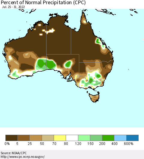 Australia Percent of Normal Precipitation (CPC) Thematic Map For 7/25/2022 - 7/31/2022