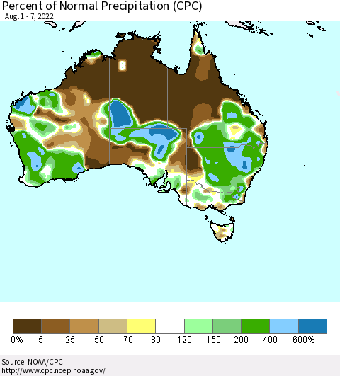 Australia Percent of Normal Precipitation (CPC) Thematic Map For 8/1/2022 - 8/7/2022