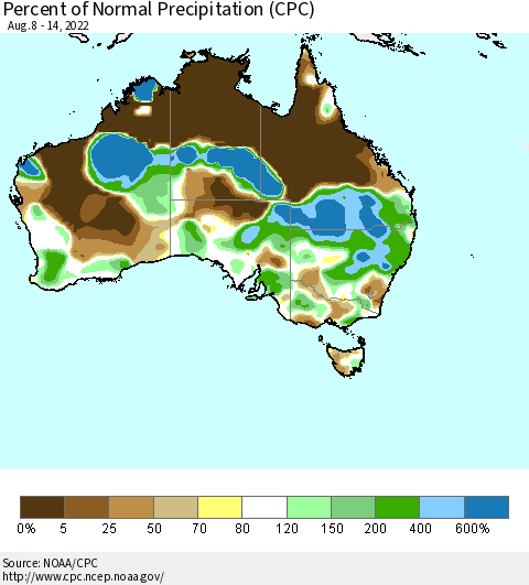 Australia Percent of Normal Precipitation (CPC) Thematic Map For 8/8/2022 - 8/14/2022