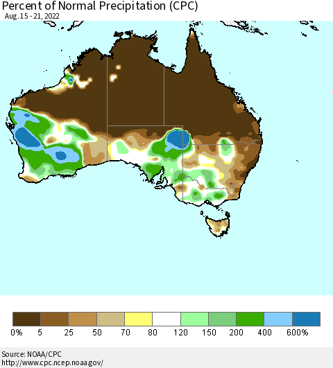 Australia Percent of Normal Precipitation (CPC) Thematic Map For 8/15/2022 - 8/21/2022