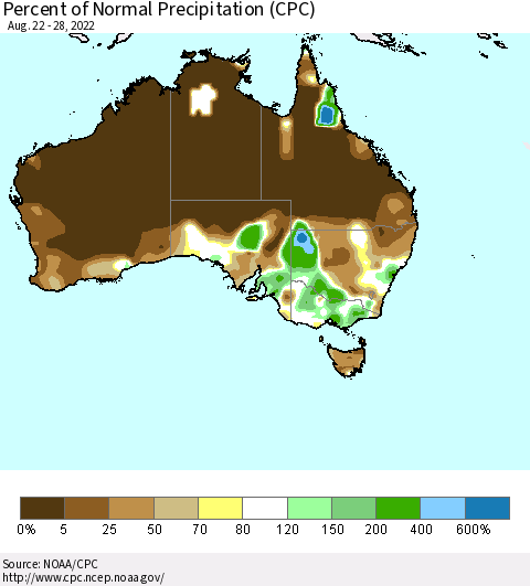 Australia Percent of Normal Precipitation (CPC) Thematic Map For 8/22/2022 - 8/28/2022