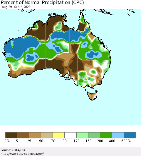 Australia Percent of Normal Precipitation (CPC) Thematic Map For 8/29/2022 - 9/4/2022