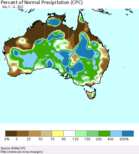 Australia Percent of Normal Precipitation (CPC) Thematic Map For 9/5/2022 - 9/11/2022