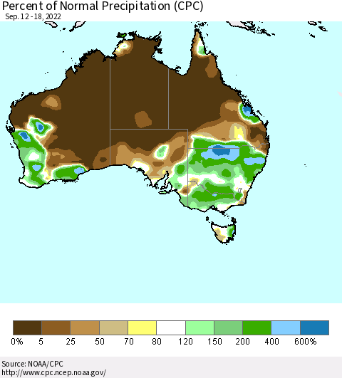 Australia Percent of Normal Precipitation (CPC) Thematic Map For 9/12/2022 - 9/18/2022