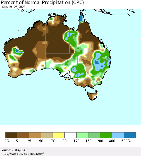 Australia Percent of Normal Precipitation (CPC) Thematic Map For 9/19/2022 - 9/25/2022