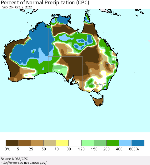 Australia Percent of Normal Precipitation (CPC) Thematic Map For 9/26/2022 - 10/2/2022