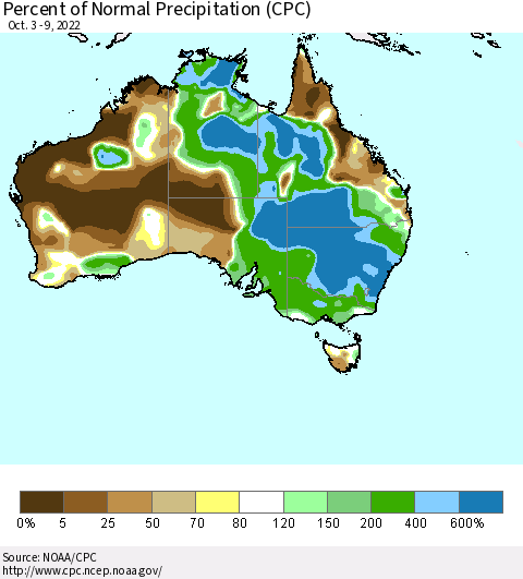 Australia Percent of Normal Precipitation (CPC) Thematic Map For 10/3/2022 - 10/9/2022