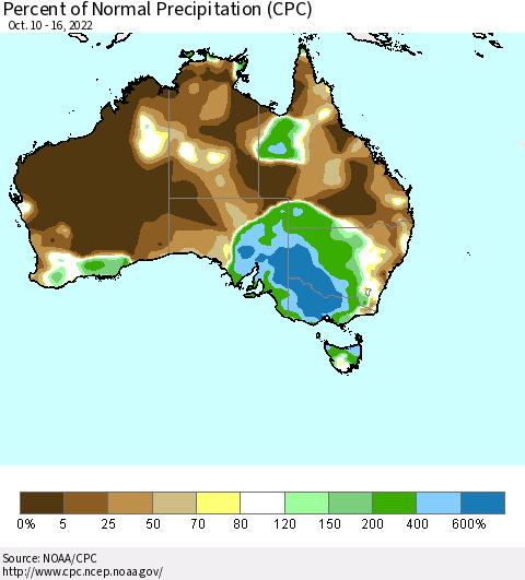 Australia Percent of Normal Precipitation (CPC) Thematic Map For 10/10/2022 - 10/16/2022
