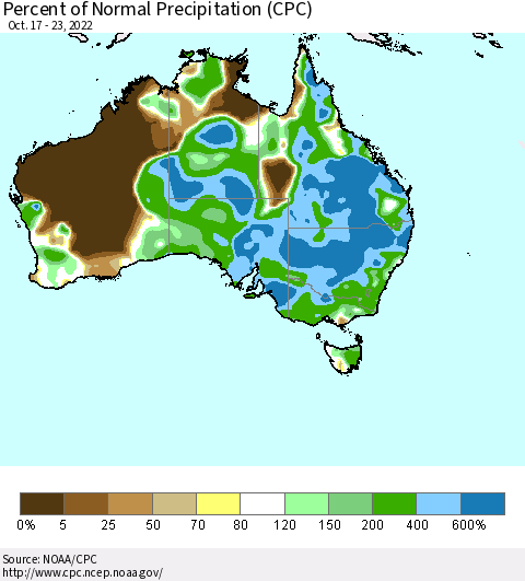 Australia Percent of Normal Precipitation (CPC) Thematic Map For 10/17/2022 - 10/23/2022