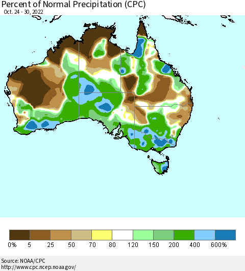 Australia Percent of Normal Precipitation (CPC) Thematic Map For 10/24/2022 - 10/30/2022