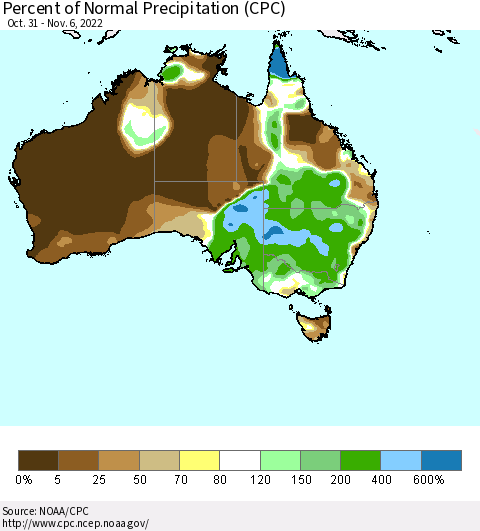 Australia Percent of Normal Precipitation (CPC) Thematic Map For 10/31/2022 - 11/6/2022