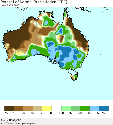Australia Percent of Normal Precipitation (CPC) Thematic Map For 11/7/2022 - 11/13/2022