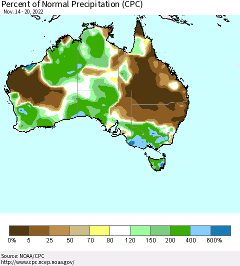 Australia Percent of Normal Precipitation (CPC) Thematic Map For 11/14/2022 - 11/20/2022
