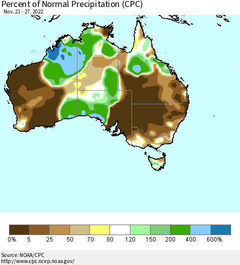 Australia Percent of Normal Precipitation (CPC) Thematic Map For 11/21/2022 - 11/27/2022