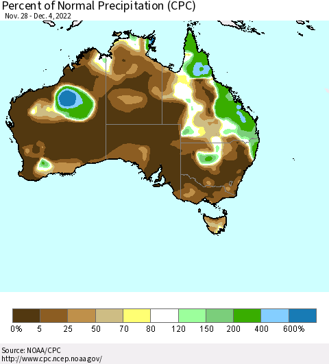 Australia Percent of Normal Precipitation (CPC) Thematic Map For 11/28/2022 - 12/4/2022