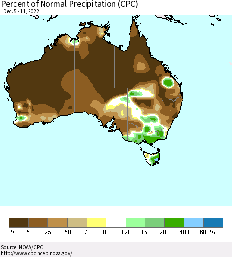 Australia Percent of Normal Precipitation (CPC) Thematic Map For 12/5/2022 - 12/11/2022