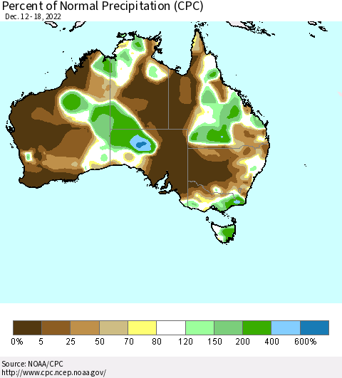 Australia Percent of Normal Precipitation (CPC) Thematic Map For 12/12/2022 - 12/18/2022