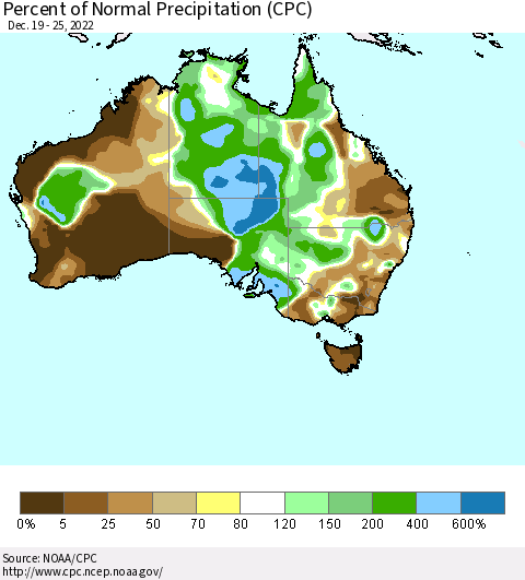Australia Percent of Normal Precipitation (CPC) Thematic Map For 12/19/2022 - 12/25/2022