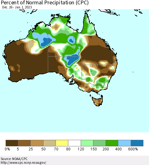 Australia Percent of Normal Precipitation (CPC) Thematic Map For 12/26/2022 - 1/1/2023