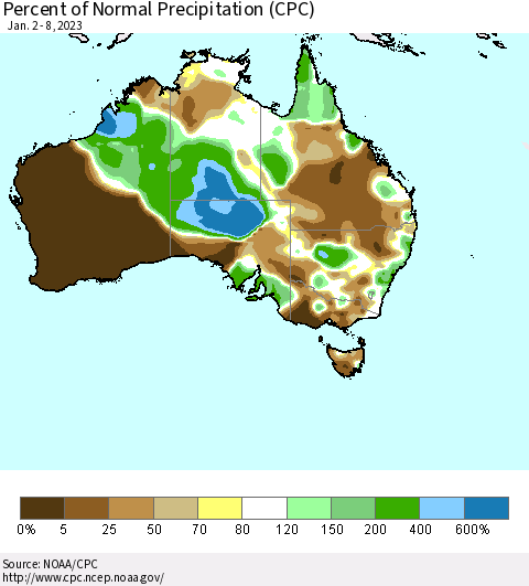 Australia Percent of Normal Precipitation (CPC) Thematic Map For 1/2/2023 - 1/8/2023